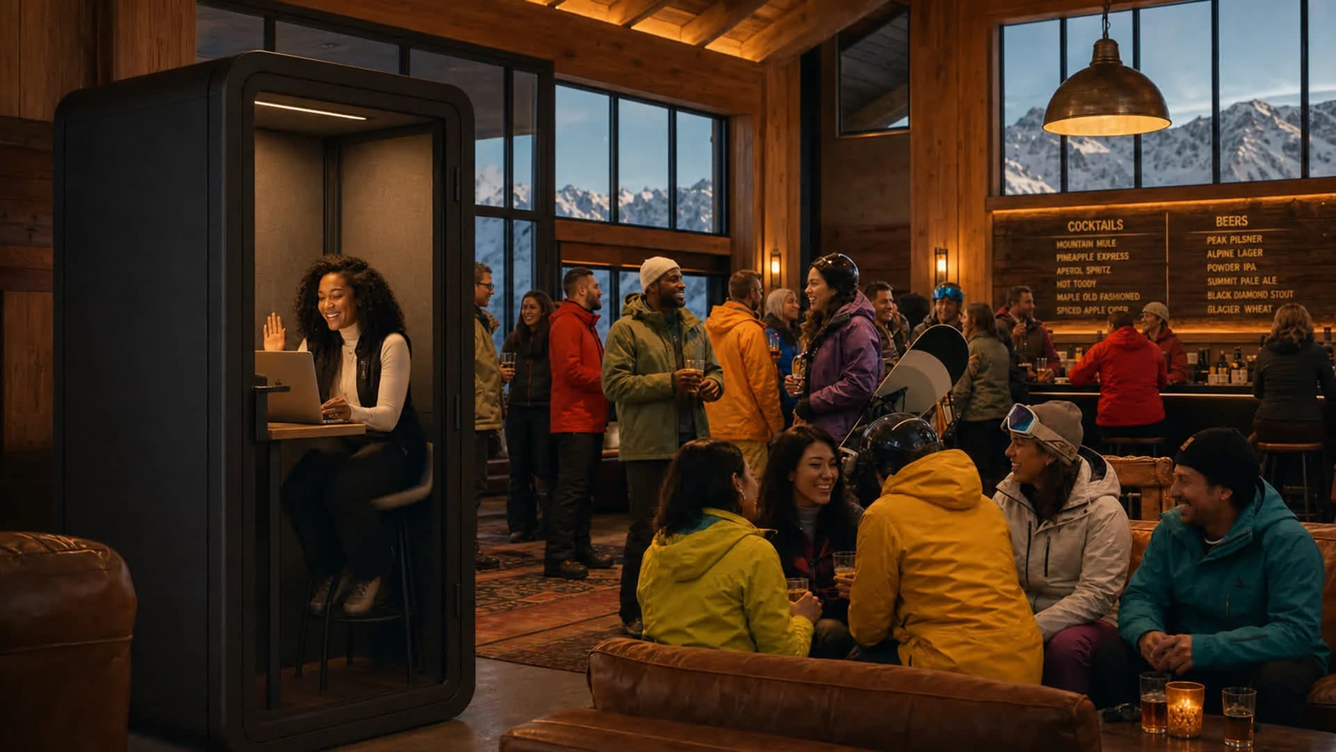 Ski lodge interior with a Slope Pod in the foreground