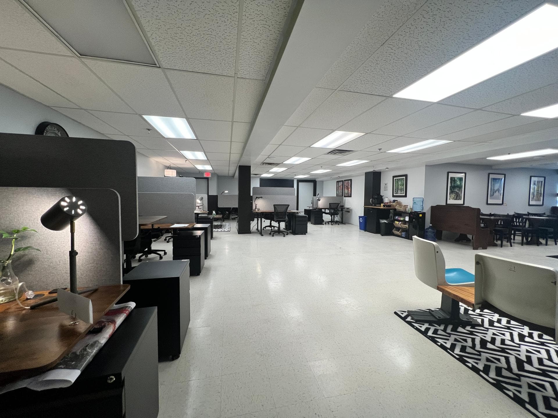 Modern coworking space with workstations and lounge